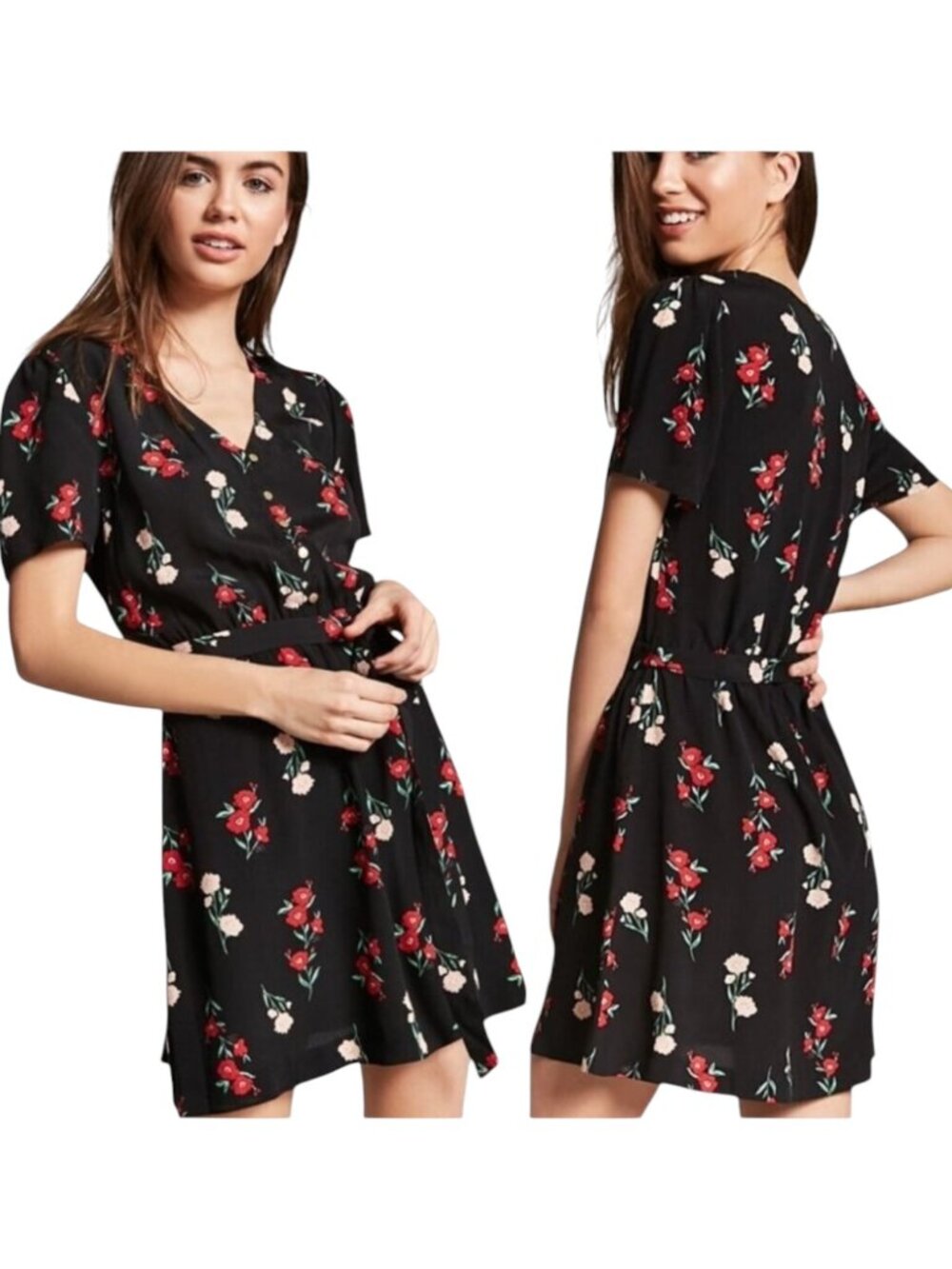 FRNCH Paris Dress Women Small Black Red Floral Print Fit And Flare Mini Boho